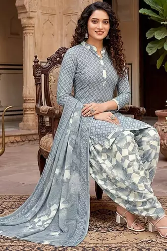 Grey printed cotton blend stitched geometric print salwar kurta dupatta for women