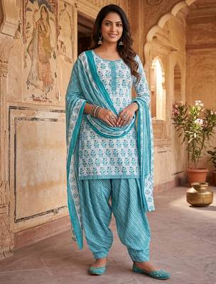 Blue printed cotton blend stitched floral print salwar kurta dupatta for women 1