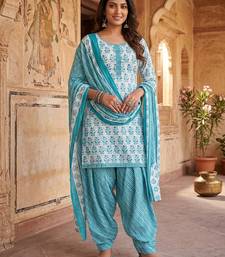 Blue printed cotton blend stitched floral print salwar kurta dupatta for women