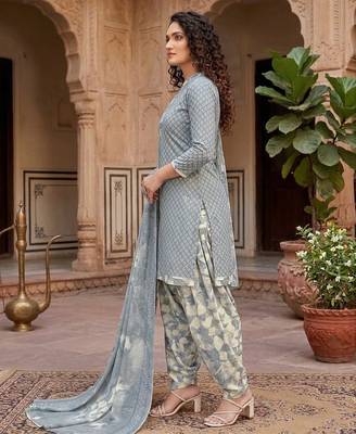 Grey printed cotton blend stitched geometric print salwar kurta dupatta for women 3