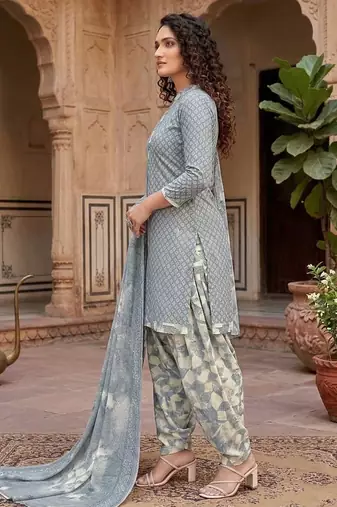 Grey printed cotton blend stitched geometric print salwar kurta dupatta for women