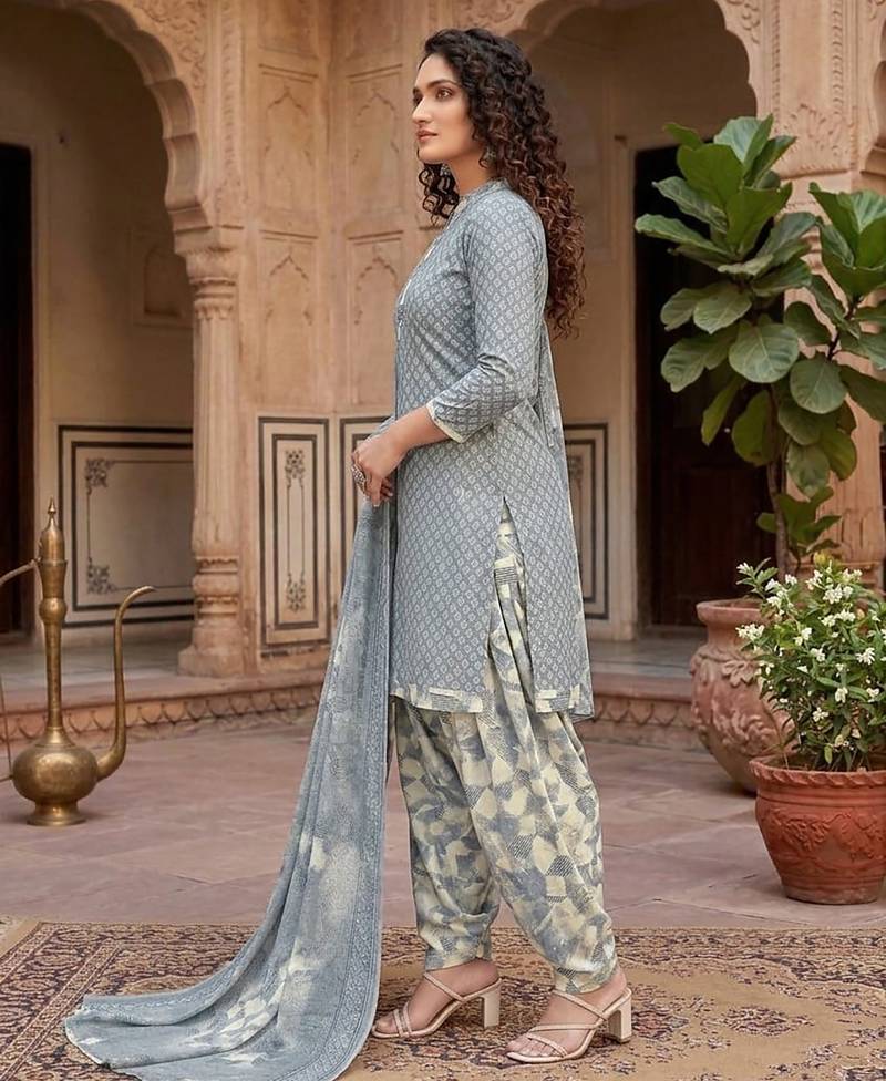 Grey printed cotton blend stitched geometric print salwar kurta dupatta for women