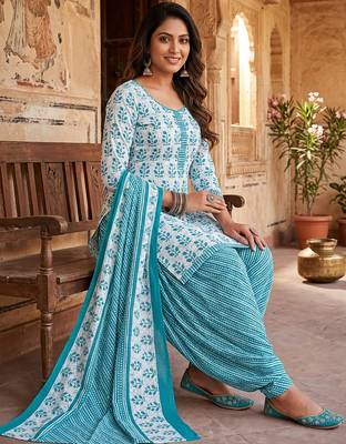 Blue printed cotton blend stitched floral print salwar kurta dupatta for women 2