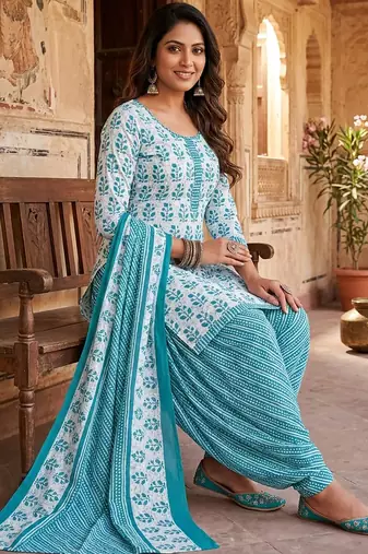 Blue printed cotton blend stitched floral print salwar kurta dupatta for women