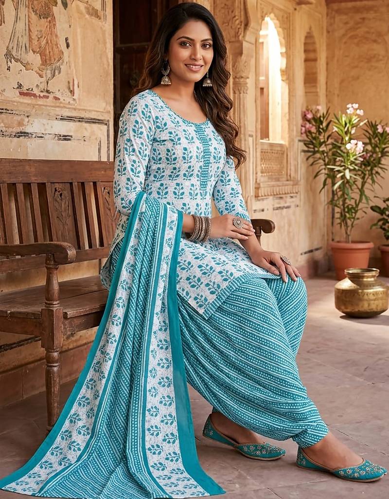 Blue printed cotton blend stitched floral print salwar kurta dupatta for women