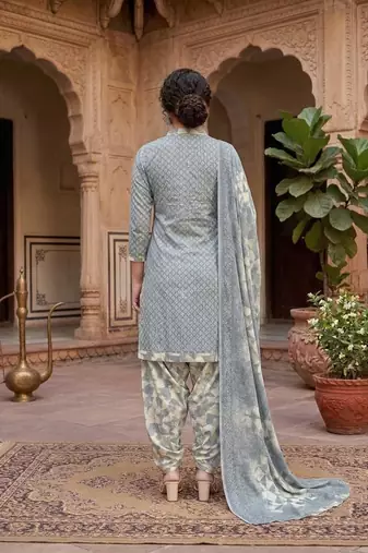 Grey printed cotton blend stitched geometric print salwar kurta dupatta for women
