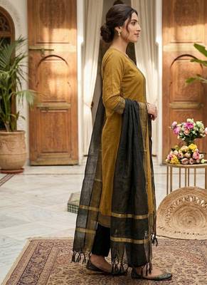 Mustard woven jaquard straight kurti dupatta with pant 3