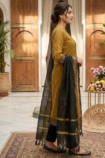 Mustard woven jaquard straight kurti dupatta with pant