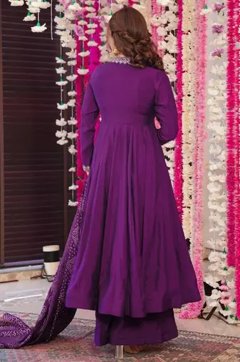 Women's purple chanderi embroidery kurta set with dupatta and pant