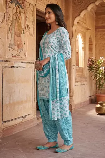Blue printed cotton blend stitched floral print salwar kurta dupatta for women