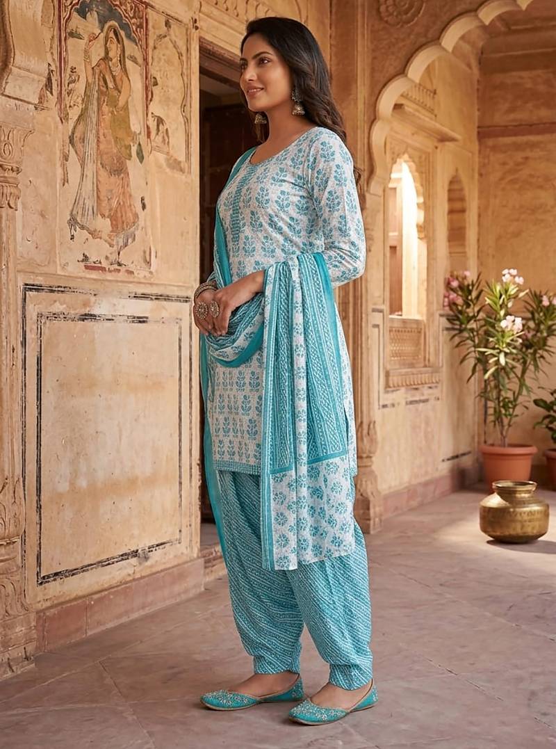 Blue printed cotton blend stitched floral print salwar kurta dupatta for women