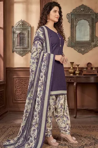 Purple printed cotton blend stitched geometric print salwar kurta dupatta for women