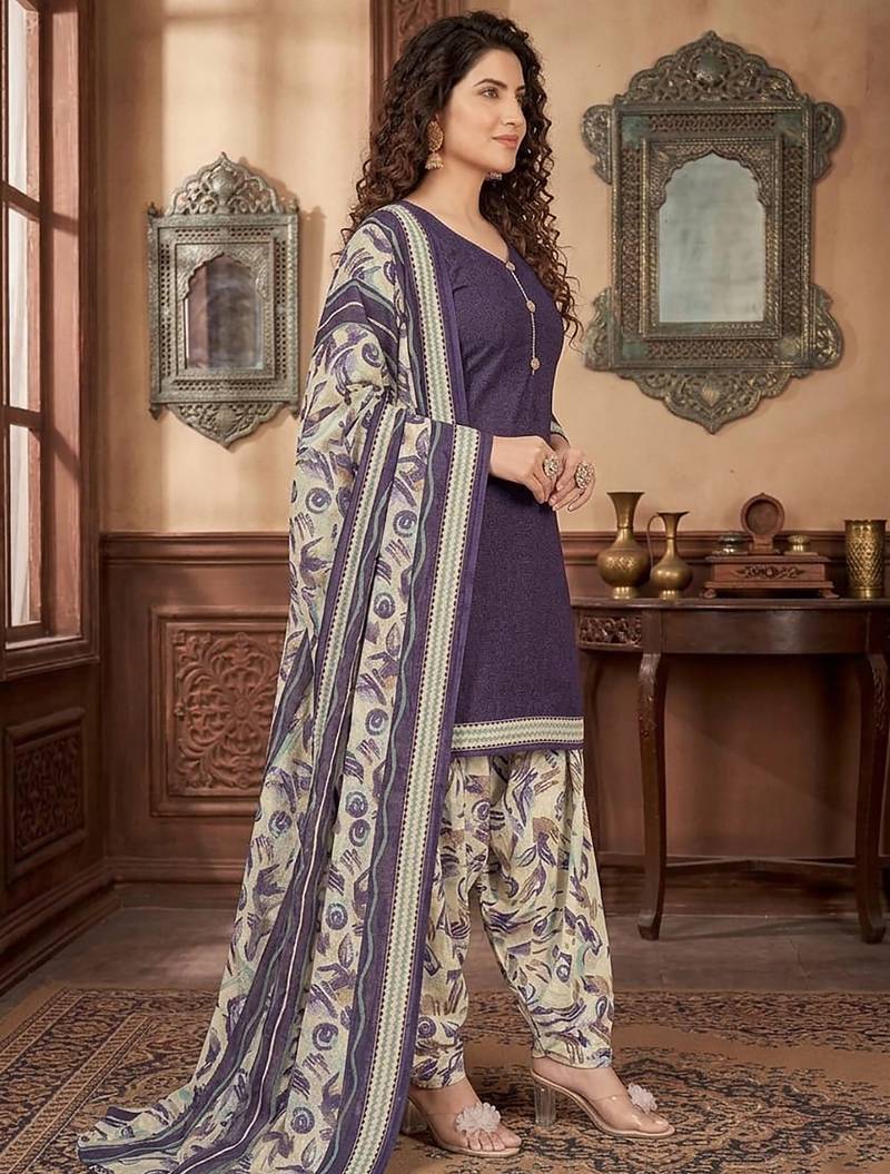Purple printed cotton blend stitched geometric print salwar kurta dupatta for women