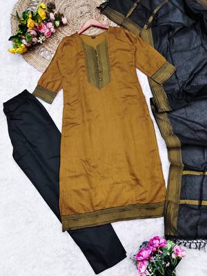 Mustard woven jaquard straight kurti dupatta with pant 4