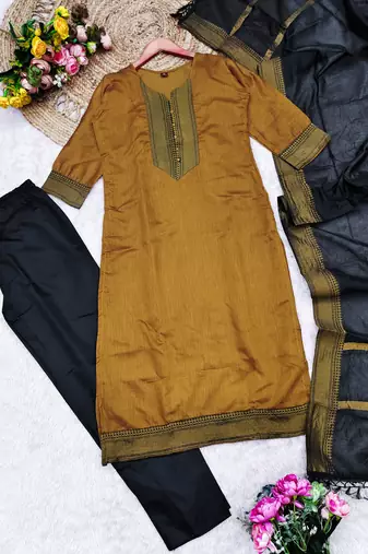 Mustard woven jaquard straight kurti dupatta with pant