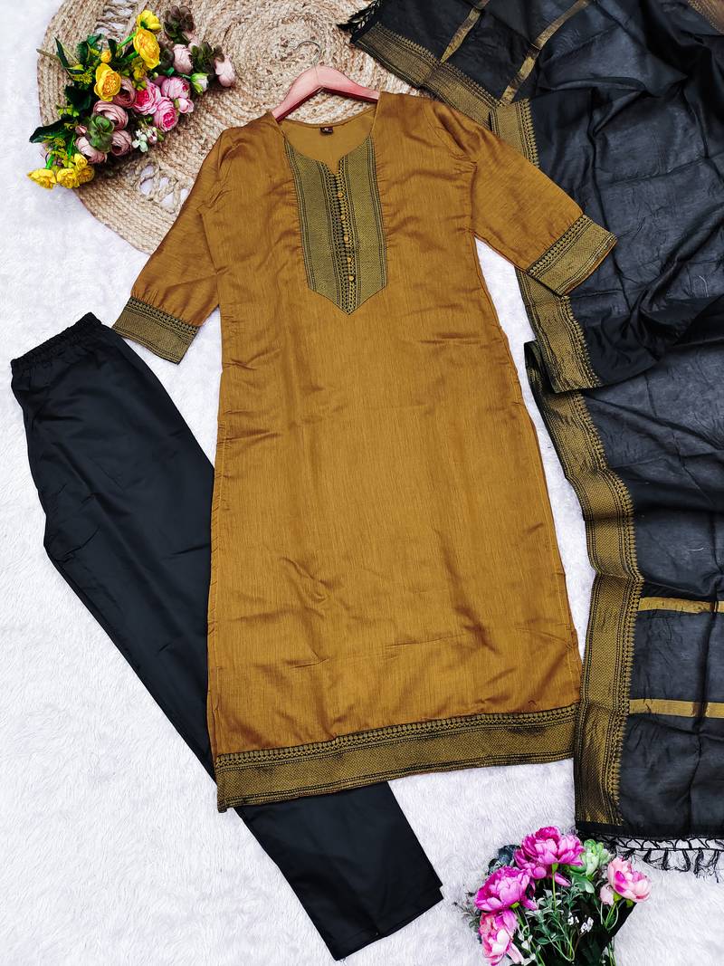 Mustard woven jaquard straight kurti dupatta with pant