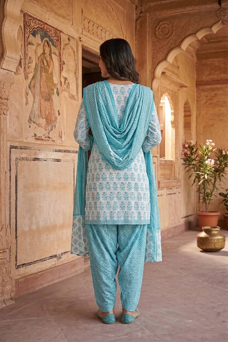 Blue printed cotton blend stitched floral print salwar kurta dupatta for women