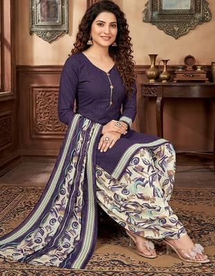 Purple printed cotton blend stitched geometric print salwar kurta dupatta for women 3