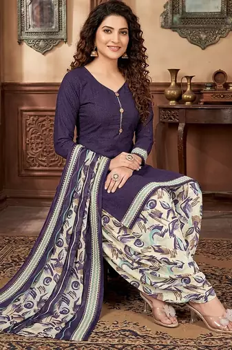Purple printed cotton blend stitched geometric print salwar kurta dupatta for women