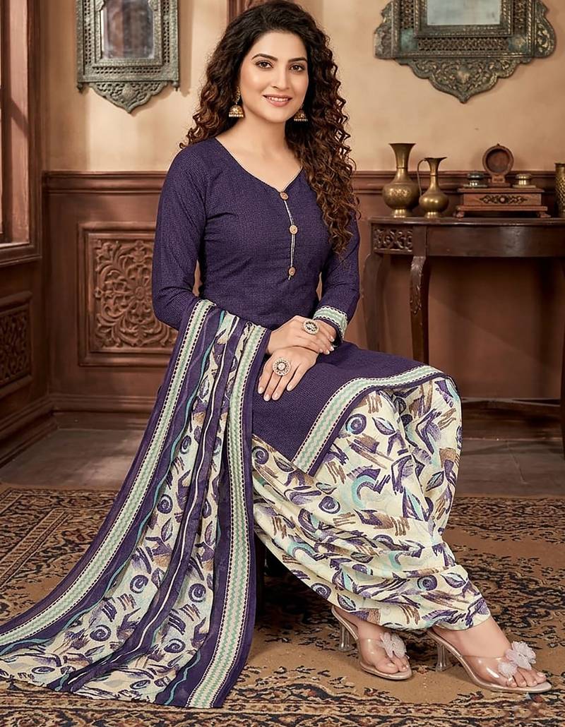 Purple printed cotton blend stitched geometric print salwar kurta dupatta for women