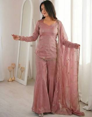 Women's pink silk blend embroidery kurta set with dupatta and sharara 1