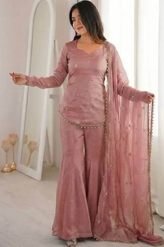 Women's pink silk blend embroidery kurta set with dupatta and sharara