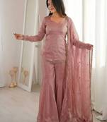 Women's pink silk blend embroidery kurta set with dupatta and sharara