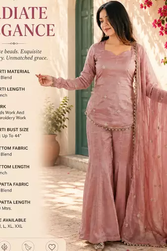 Women's pink silk blend embroidery kurta set with dupatta and sharara
