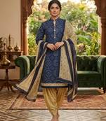 Blue printed cotton blend stitched geometric print salwar kurta dupatta for women