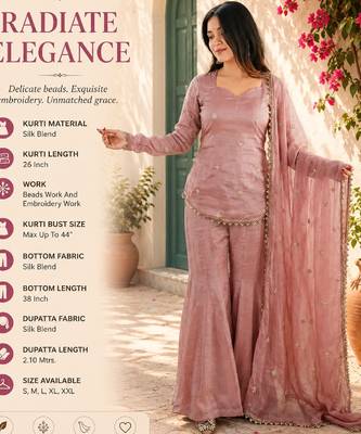 Women's pink silk blend embroidery kurta set with dupatta and sharara 3