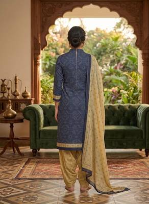 Blue printed cotton blend stitched geometric print salwar kurta dupatta for women 2
