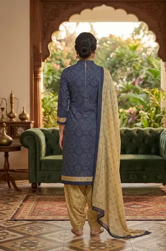 Blue printed cotton blend stitched geometric print salwar kurta dupatta for women