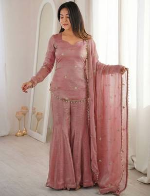 Women's pink silk blend embroidery kurta set with dupatta and sharara 4
