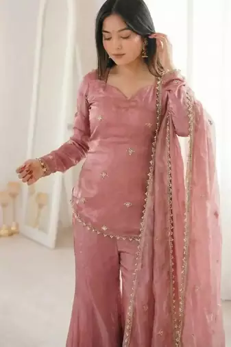 Women's pink silk blend embroidery kurta set with dupatta and sharara
