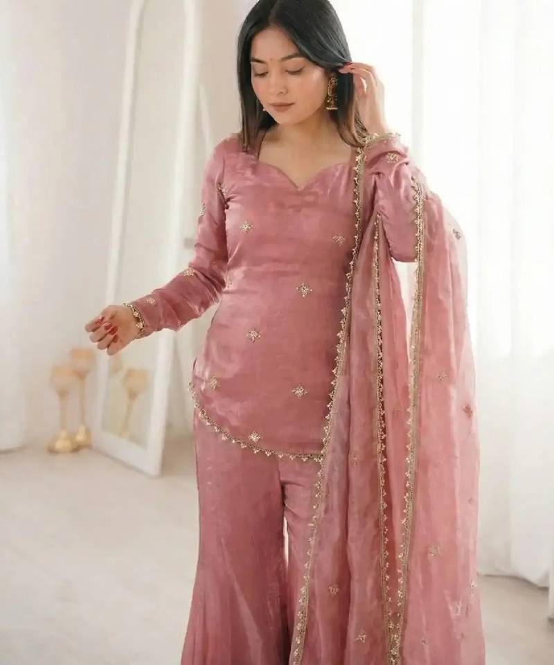 Women's pink silk blend embroidery kurta set with dupatta and sharara