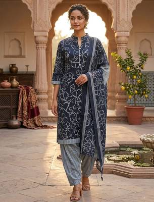 Blue printed cotton blend stitched geometric print salwar kurta dupatta for women 1
