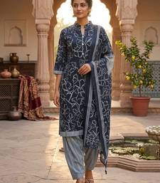 Blue printed cotton blend stitched geometric print salwar kurta dupatta for women