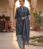 Blue printed cotton blend stitched geometric print salwar kurta dupatta for women