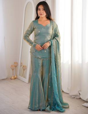 Women's sea green silk blend embroidery kurta set with dupatta and sharara 1
