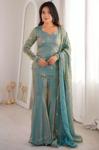 Women's sea green silk blend embroidery kurta set with dupatta and sharara