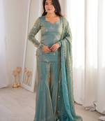 Women's sea green silk blend embroidery kurta set with dupatta and sharara