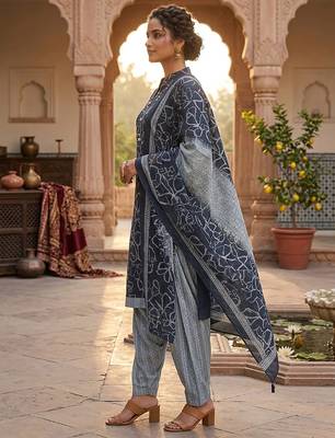 Blue printed cotton blend stitched geometric print salwar kurta dupatta for women 2