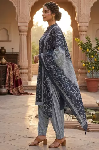Blue printed cotton blend stitched geometric print salwar kurta dupatta for women