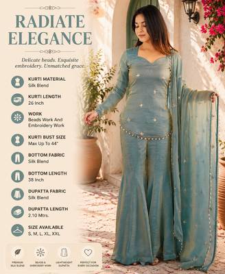 Women's sea green silk blend embroidery kurta set with dupatta and sharara 2