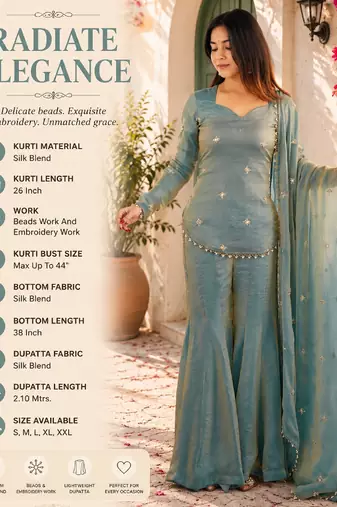 Women's sea green silk blend embroidery kurta set with dupatta and sharara