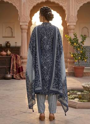 Blue printed cotton blend stitched geometric print salwar kurta dupatta for women 3
