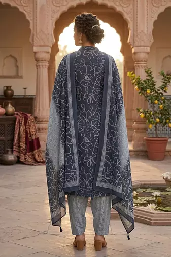Blue printed cotton blend stitched geometric print salwar kurta dupatta for women