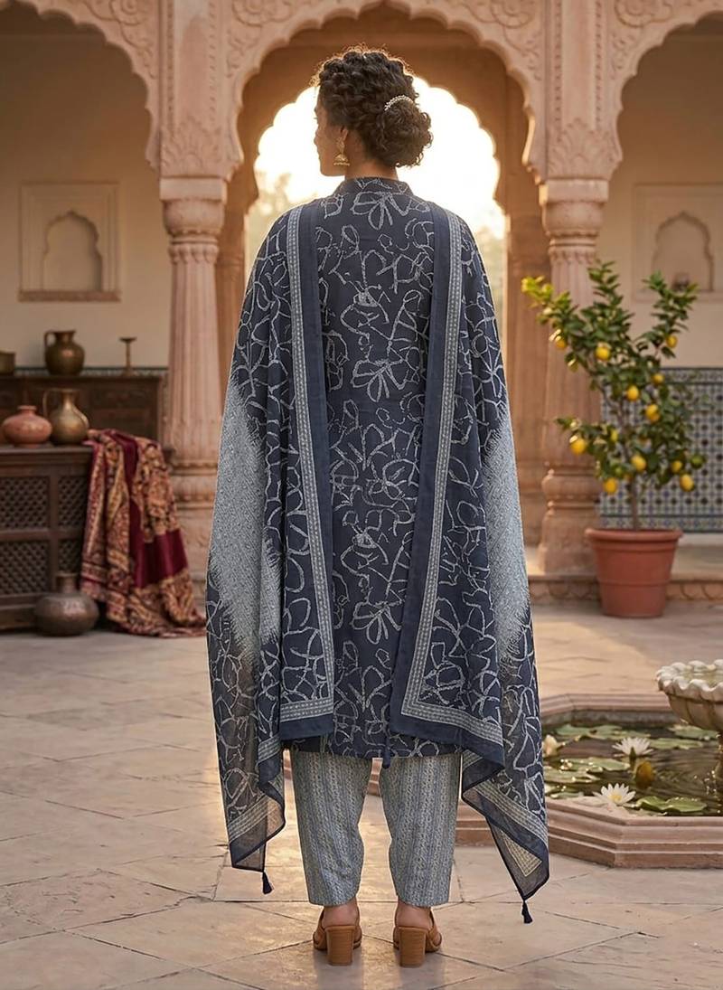 Blue printed cotton blend stitched geometric print salwar kurta dupatta for women