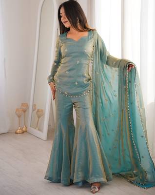 Women's sea green silk blend embroidery kurta set with dupatta and sharara 3