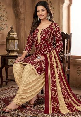 Red printed cotton blend stitched geometric print salwar kurta dupatta for women 2